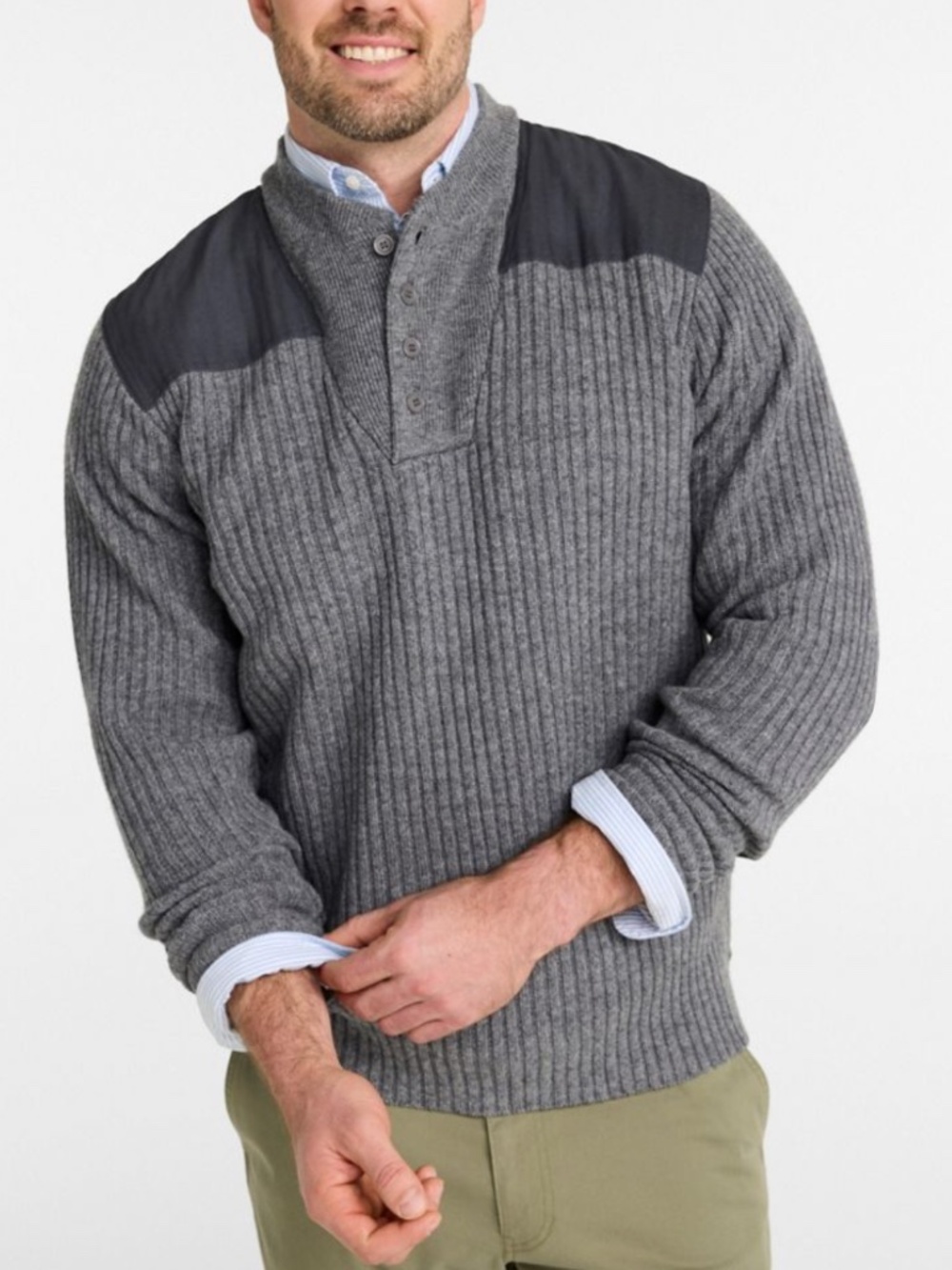L.L. Bean Men's Gray Ribbed Commando Henley Sweater Size Large Regular